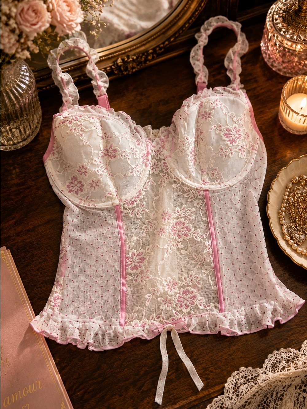 Native Intimates Pink Floral Lace Bustier Cami Top 36B Coquette Y2K